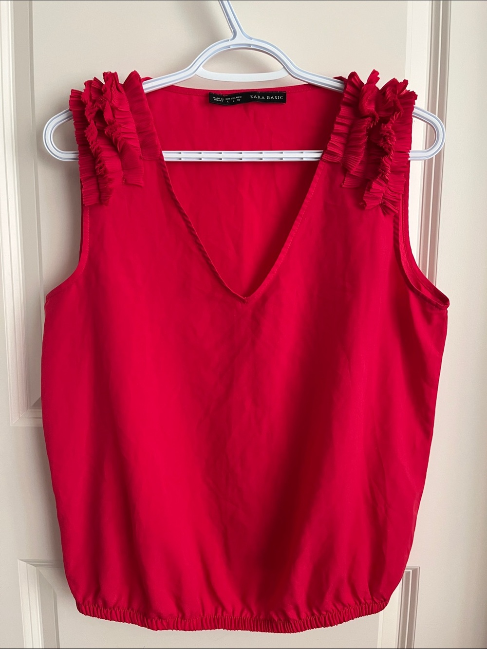 Zara Crimson Red Ruffle-Shoulder V-Neck Tank Top
